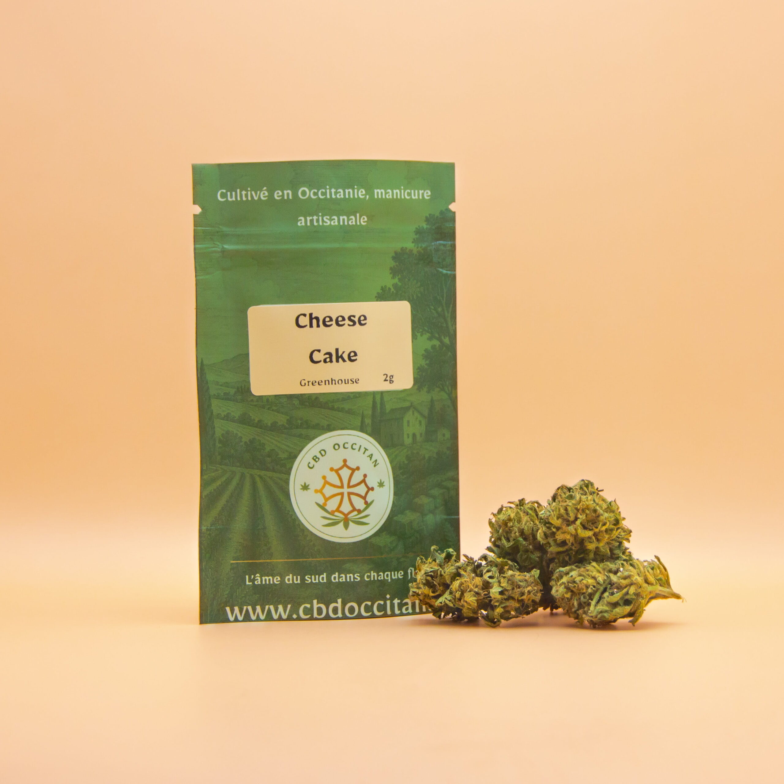 Cheese Cake fleur CBD BIO en pack hermetique par CBD Occitan pack fleur cbd cheese cake produite et récoltée par CBD Occitan